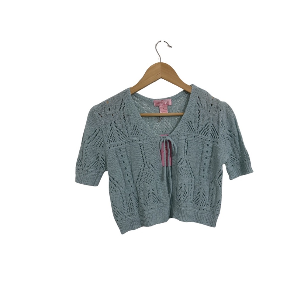 Light Blue Knit Short Sleeve Cardigan with Front Tie